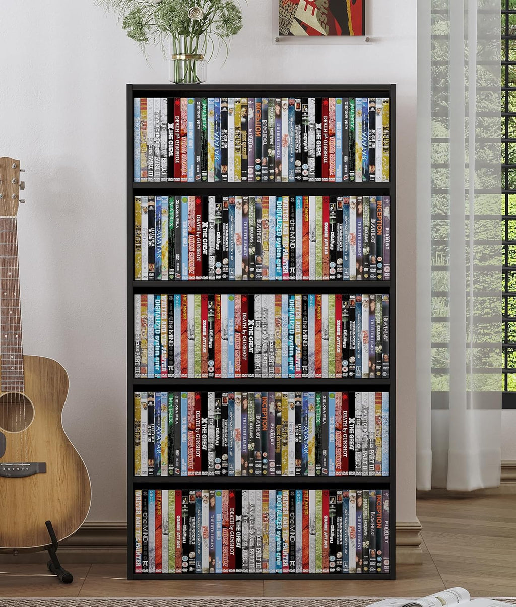 DVD Storage Cabinet Shelf, 5 Tier Media Storage Tower for CDs & Video Games, Freestanding Organizer Shelf for Living Room Home Office, Holds 200+ DVDs(Black)
