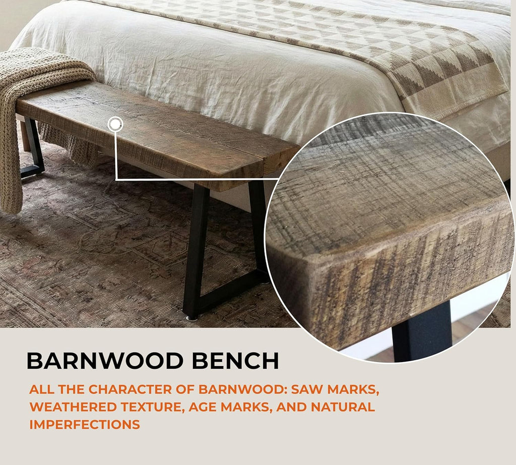 Rustic Revival Reclaimed Barnwood Bench, Solid Wood with Metal Base, Modern Farmhouse Style, 2-Inch Thick Top, for Entryway, Bedroom, Living Room (38x12)