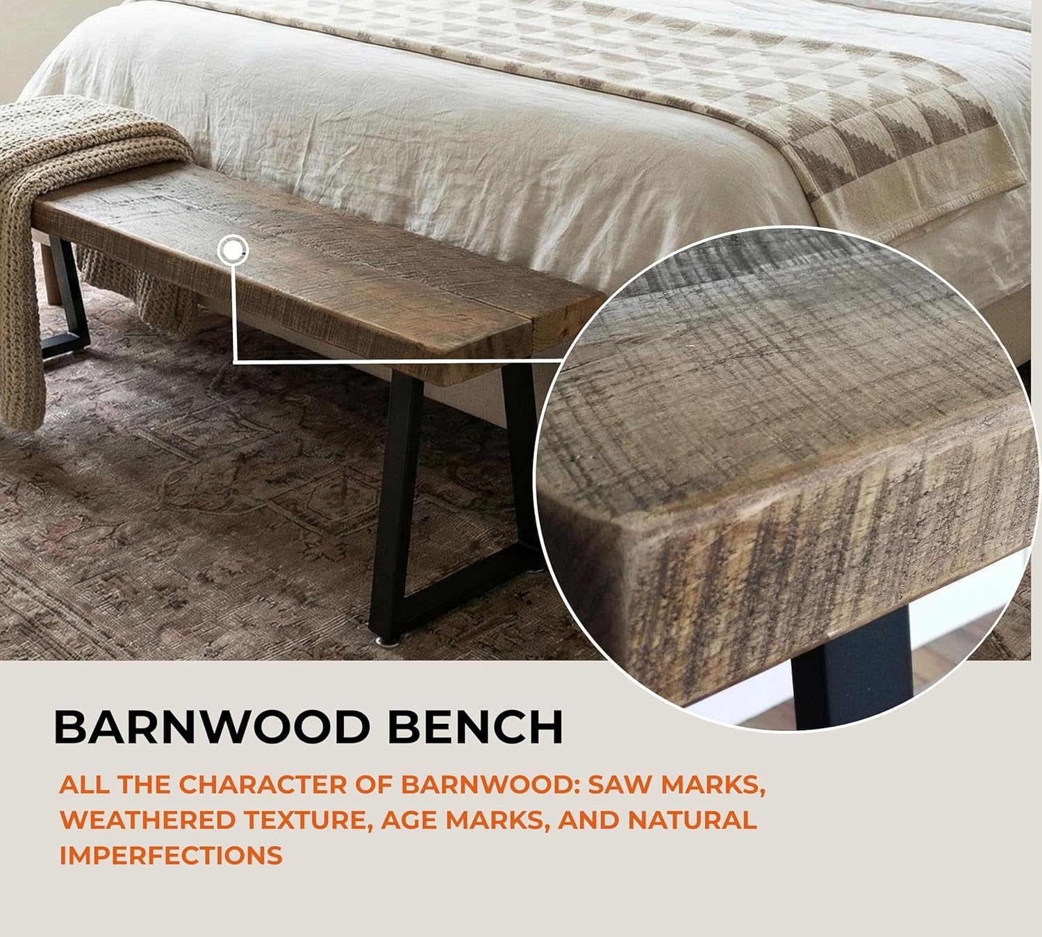 Rustic Revival Reclaimed Barnwood Bench, Solid Wood with Metal Base, Modern Farmhouse Style, 2-Inch Thick Top, for Entryway, Bedroom, Living Room (38x12)