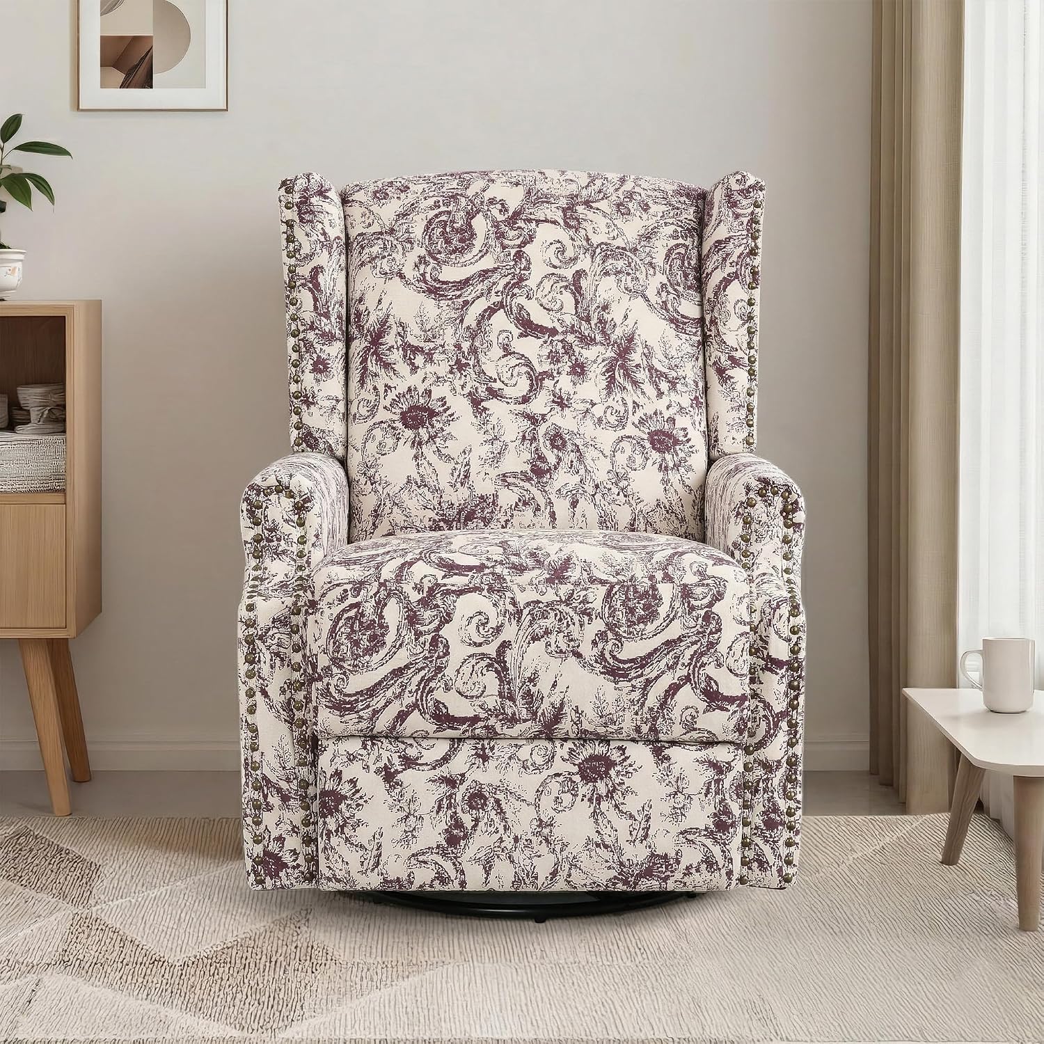 Swivel Rocker Recliner Chair, 360° Swivel Wingback Recliner Chairs for Adults, Upholstered Glider Rocking Chair with High Back, Deep Seat for Living Romm Bedroom, Rococo Plum