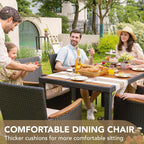 Devoko Dining 7 PCS Furniture, Patio Conversation Set with Acacia Wood Table Top, Outdoor, Beige Cushion and Black Rattan