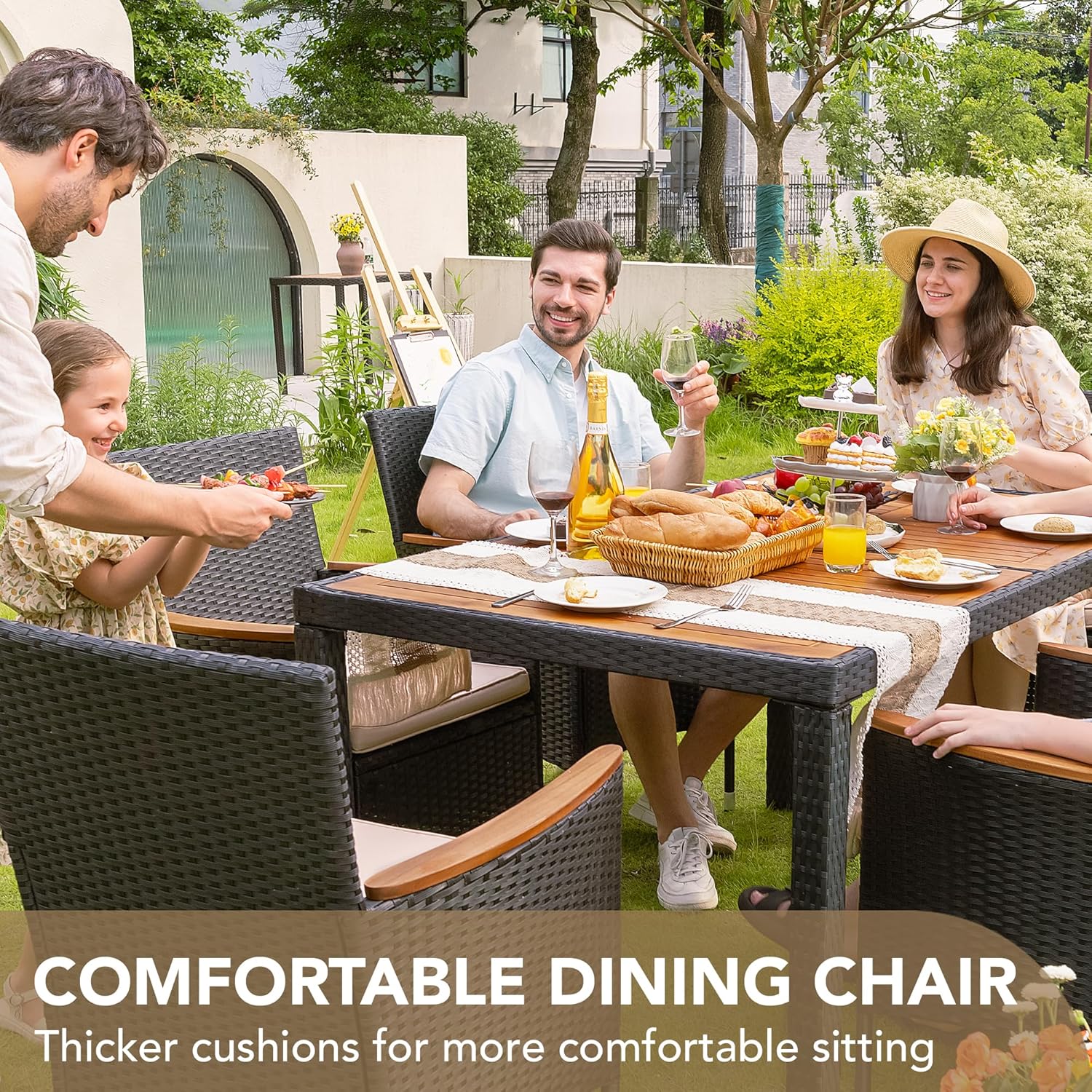 Devoko Dining 7 PCS Furniture, Patio Conversation Set with Acacia Wood Table Top, Outdoor, Beige Cushion and Black Rattan
