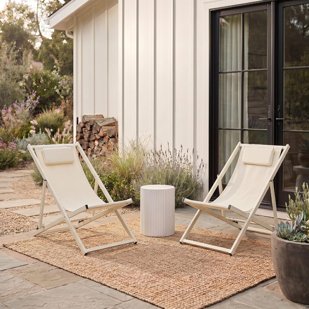 SAFAVIEH Outdoor Collection Camlin Beige/Beige Adjustable Folding Sling Chair Set of 2 (Fully Assembled)