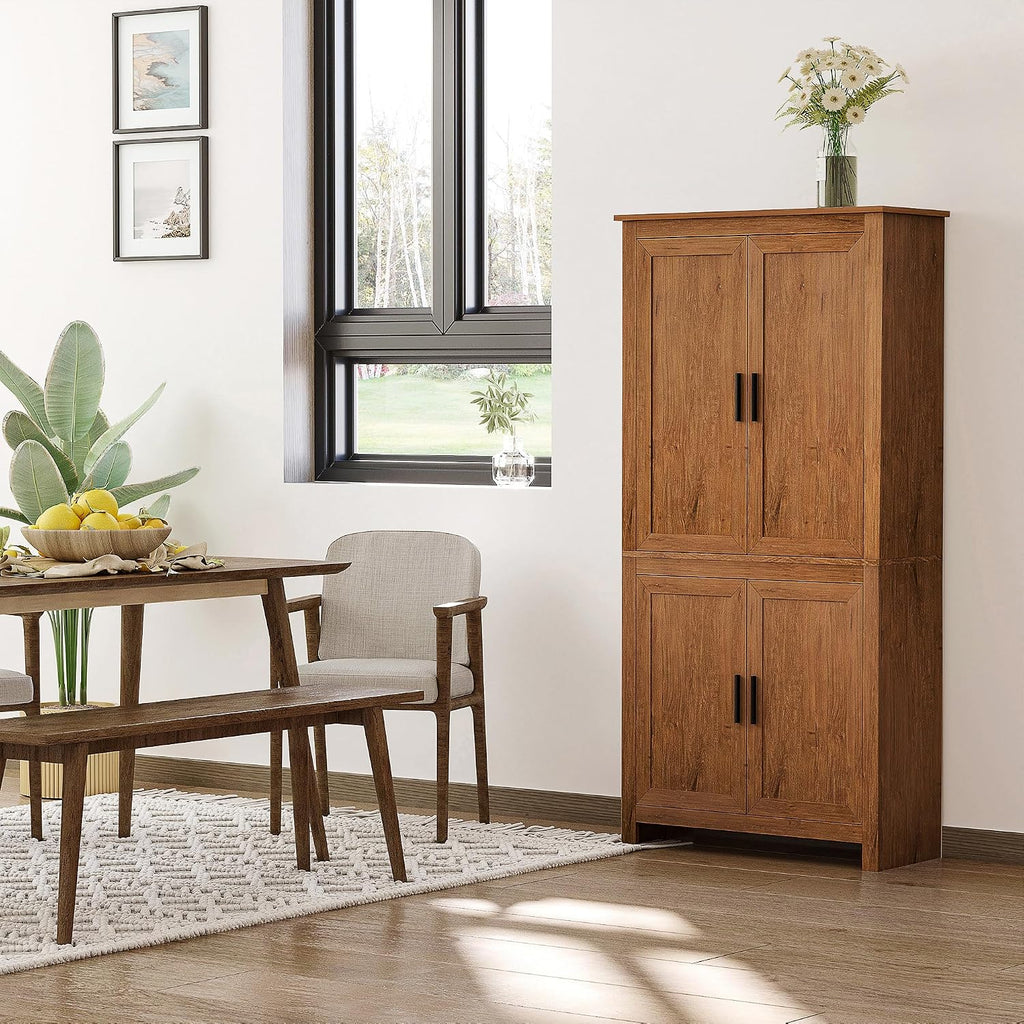 HOMCOM 64" Kitchen Pantry Cabinet, Freestanding Storage Cabinet with 4 Doors and 3 Adjustable Shelves for Dining Room, Oak
