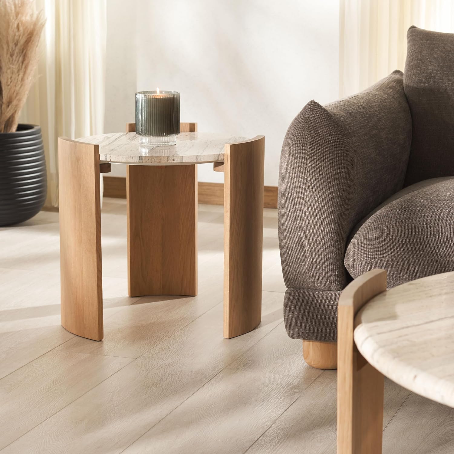 SAFAVIEH Couture Collection - Damarcus Travertine & Solid Wood Accent Table, Round Top, Classic Sculptural Design (SFV9705A)