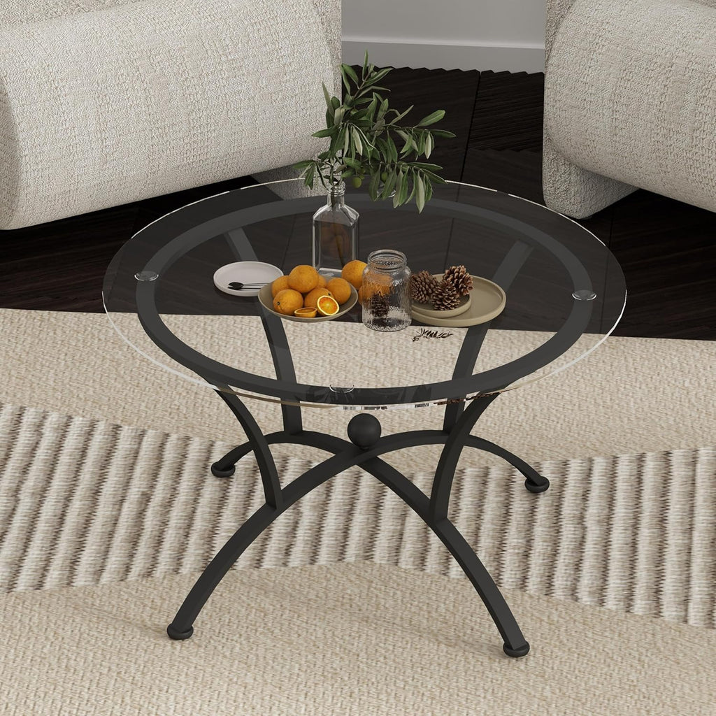 3 Tempered Glass Coffee Table Set, Decor Coffee Table Round End Side Table with Sturdy Construction for Living Room (Rustic Black)