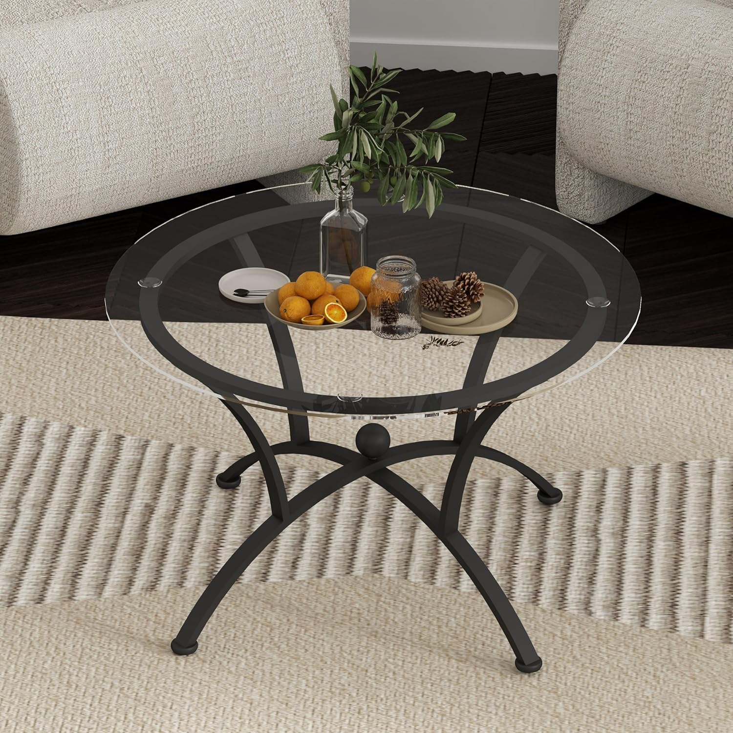 3 Tempered Glass Coffee Table Set, Decor Coffee Table Round End Side Table with Sturdy Construction for Living Room (Rustic Black)