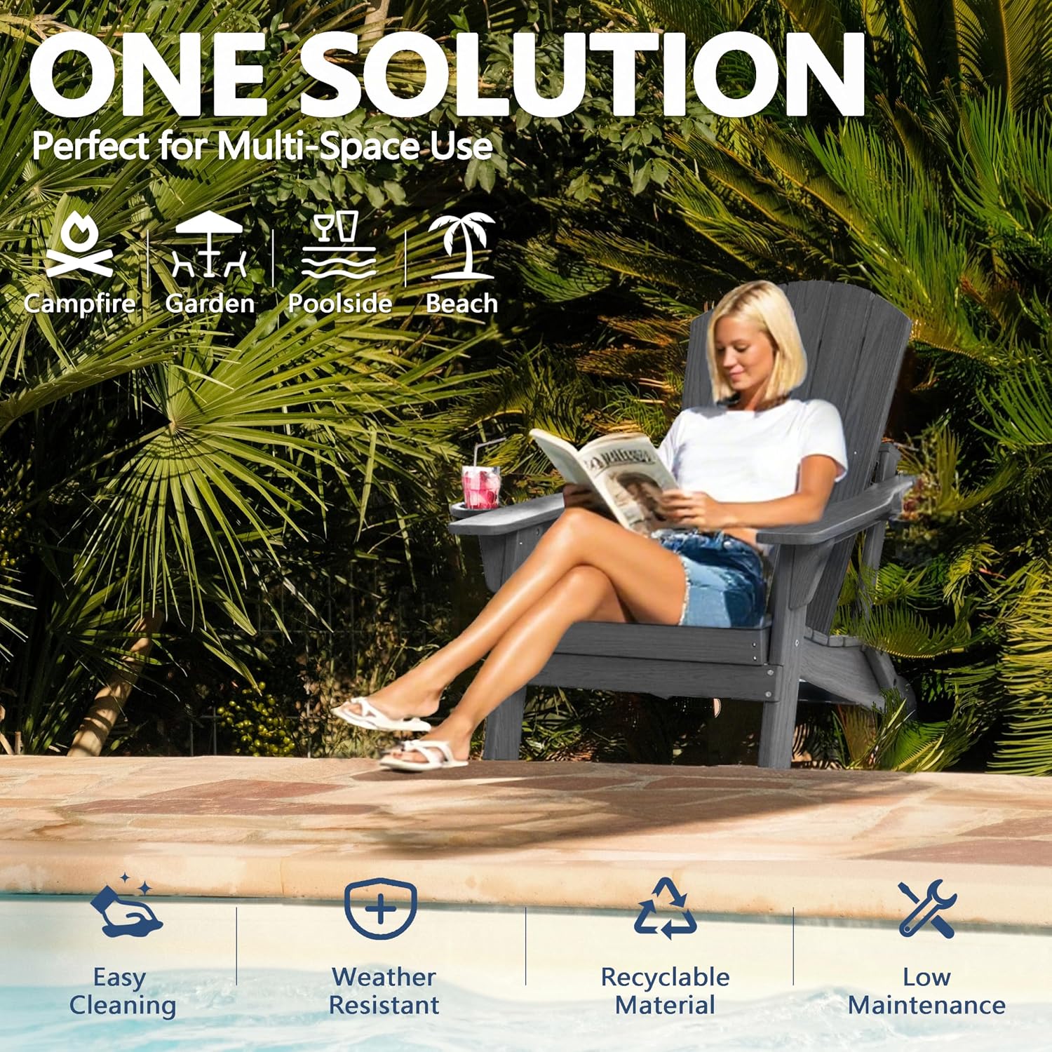 Folding Adirondack Chair with Cup Holder, HDPE All Weather Resistant Plastic Outdoor Patio Chairs with Footrest, Heavy Duty Fire Pit Seating for Backyard Lawn Garden, Wood Textured(Gray)