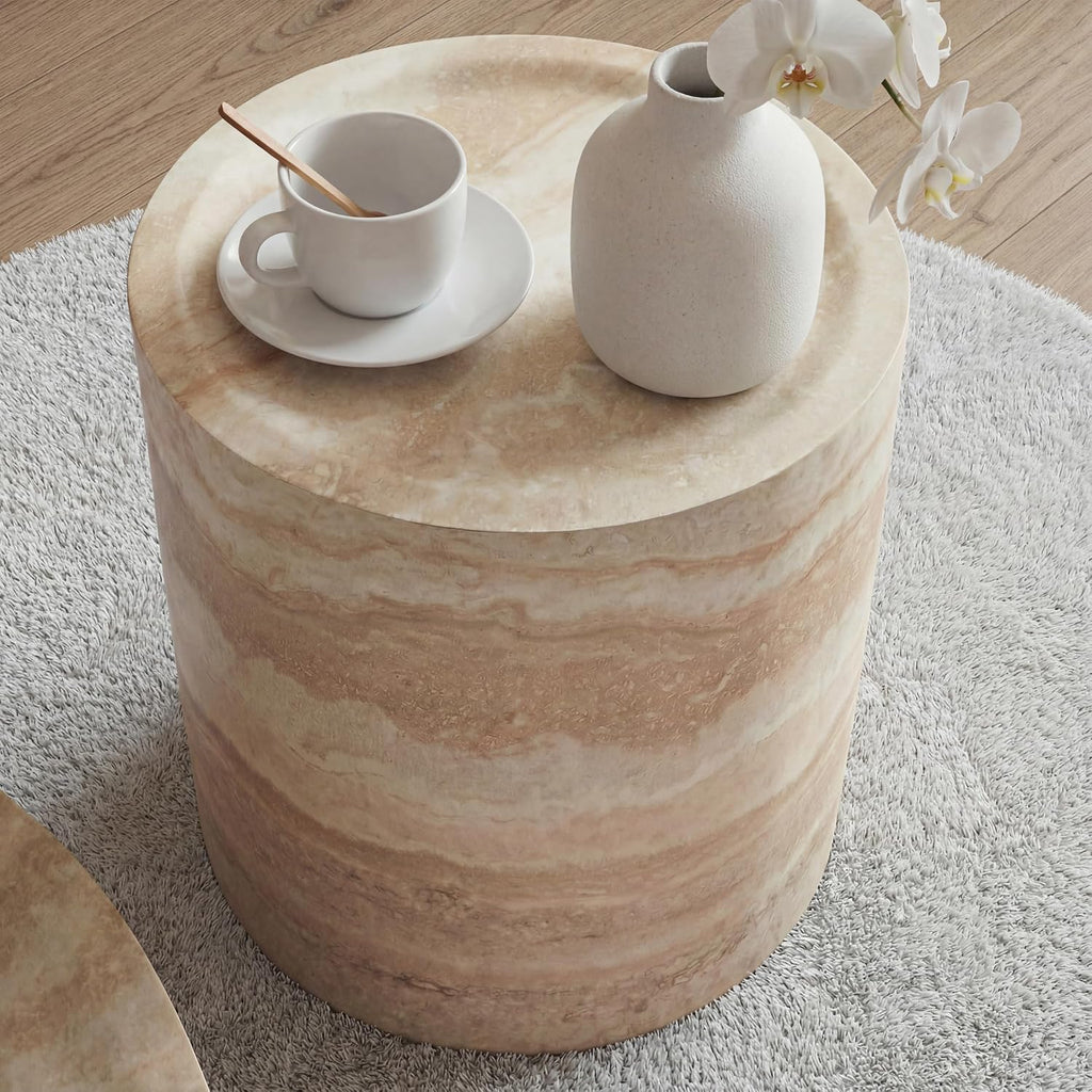 Marble-Effect Cylindrical Side Table Lightweight Fiberglass & Resin Accent Table End Table for Living Room Nightstand for Bedroom Small Drink Table for Corner Spaces (15.75'' Single, Cream)