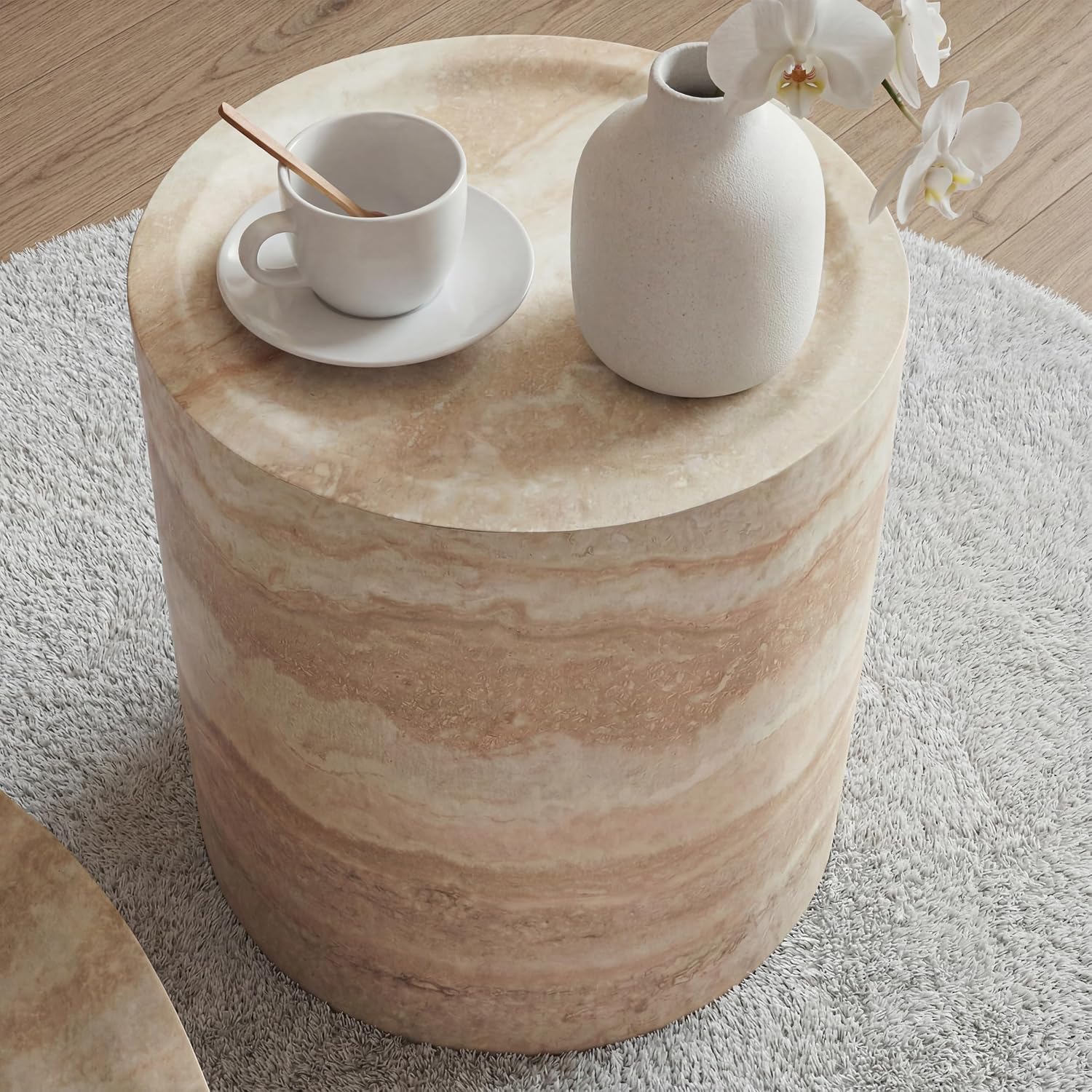 Marble-Effect Cylindrical Side Table Lightweight Fiberglass & Resin Accent Table End Table for Living Room Nightstand for Bedroom Small Drink Table for Corner Spaces (15.75'' Single, Cream)