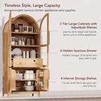 71" Tall Arched Kitchen Pantry Cabinet, Farmhouse Freestanding Storage Cupboard with Glass Door, Open & Adjustable Shelves, Door Shelves and Hidden Drawer,Cabinet for Kitchen Dining Room,Natural
