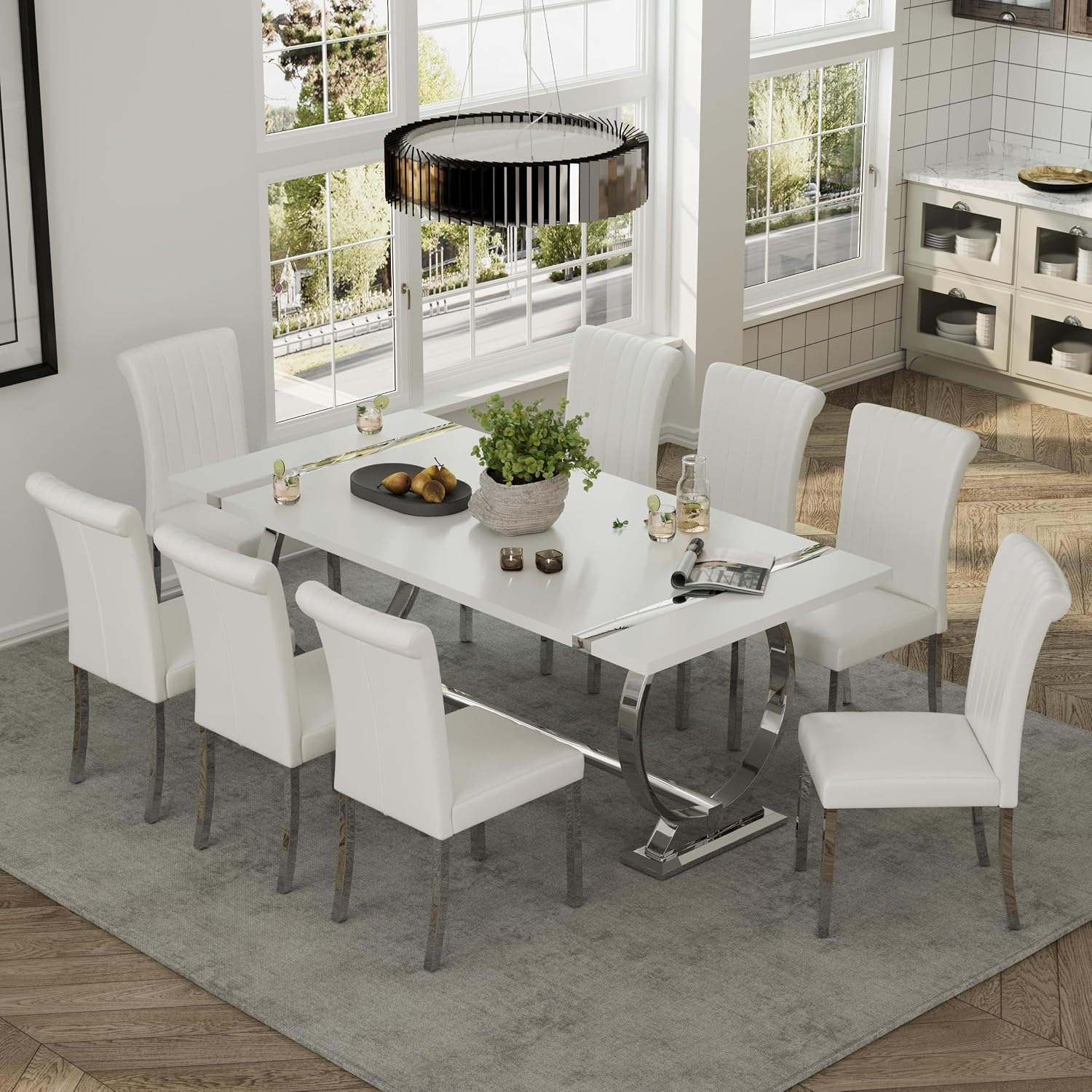 ACEDÉCOR Dining Chairs, White Leather Dining Chairs Set of 4, Upholstered Kitchen Room Chairs with Silver Stainless Steel Legs
