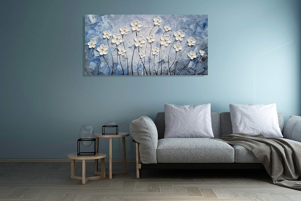 YHSKY ARTS Floral Canvas Wall Art Hand Painted Blue and White Heavy Textured Painting Modern Abstract Flower Pictures Contemporary Artwork for Living Room Bedroom Office Decoration