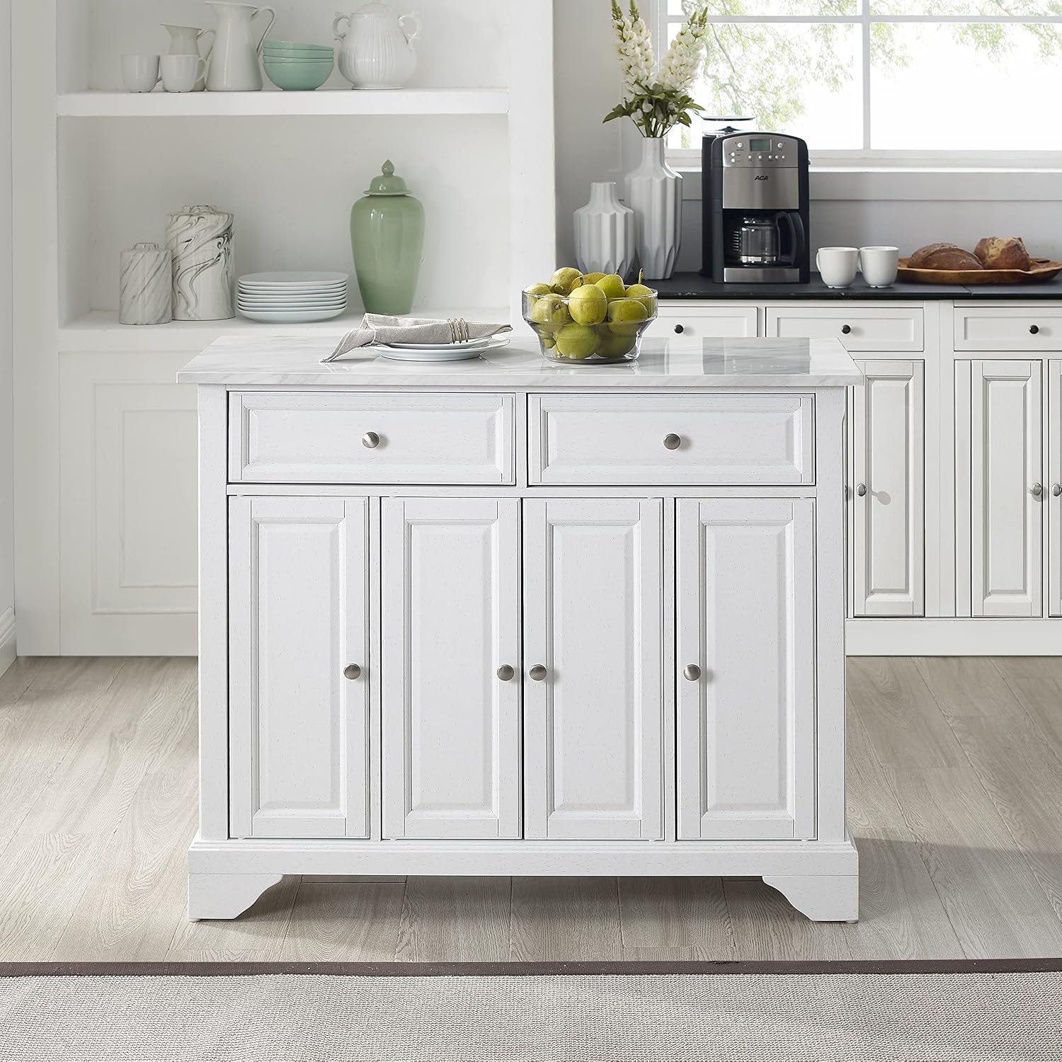 Crosley Furniture Avery Rolling Kitchen Island Storage Cart with Shelves, Microwave Stand, Coffee Bar, Distressed White