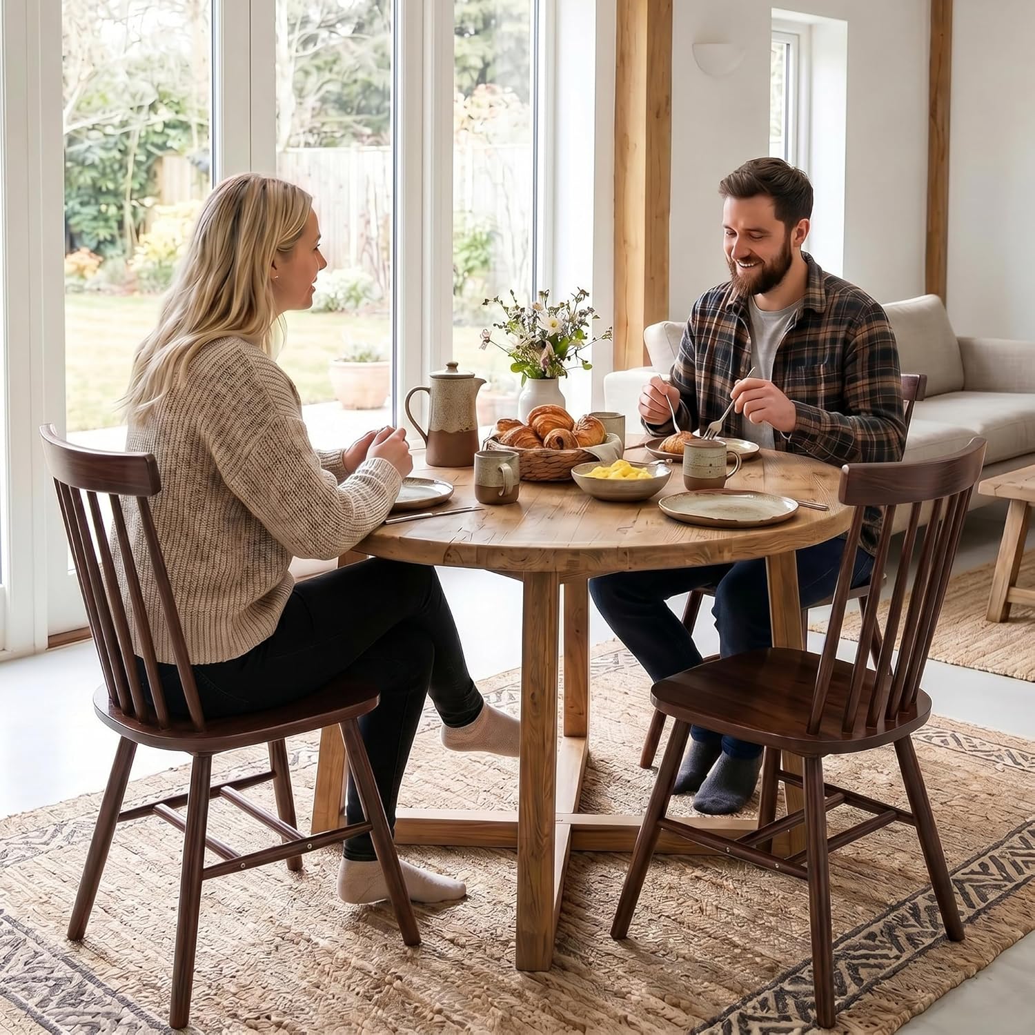 AreShark Brown Dining Chairs Set of 6, Farmhouse Wooden Windsor Dining Room Chairs, Solid Wood Spindle Back Kitchen Chairs