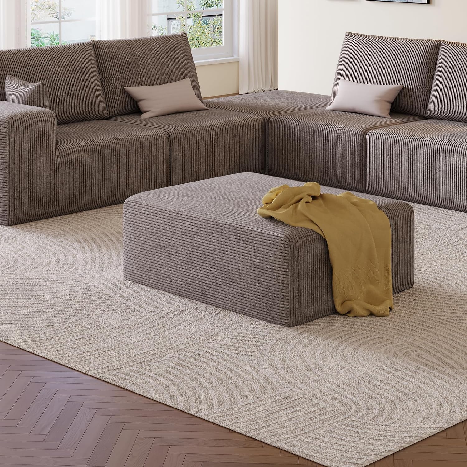 39.4" Oversized Couch Ottoman, Movable Rectangle Ottoman with Memory Foam, Corduroy Modular Foot Stool for Living Room Bedroom,Non-Slip Bottom, No Assembly Required (Gray)