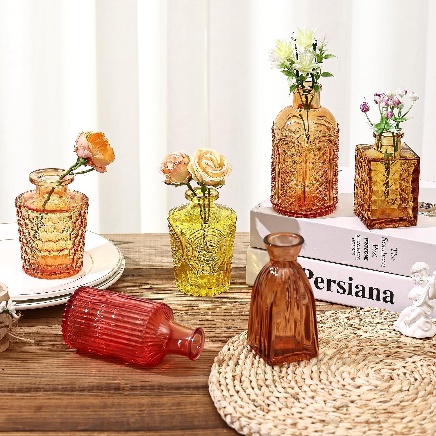 15Pcs Colored Glass Bud Vases, Wedding Table Decor, Bulk Housewarming Gift | Colored bud vases in bulk, Rustic embossed,Vintage-styled glass vases for centerpieces,15 unique vintage styles(1 per design)