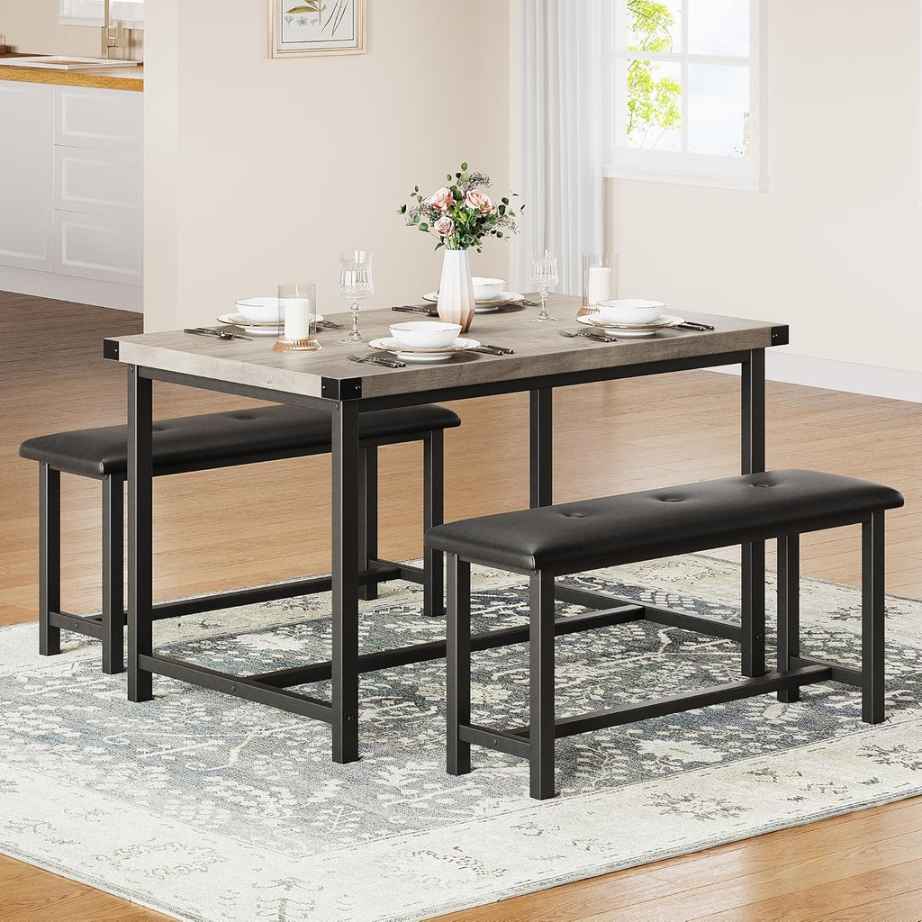 IDEALHOUSE Dining Table Set for 4, Kitchen Table with Upholstered Bench, 3 Piece Rectangular Dining Room Table Set with 2 Benches, for Small Space, Apartment, Studio, Home, Retro Gray
