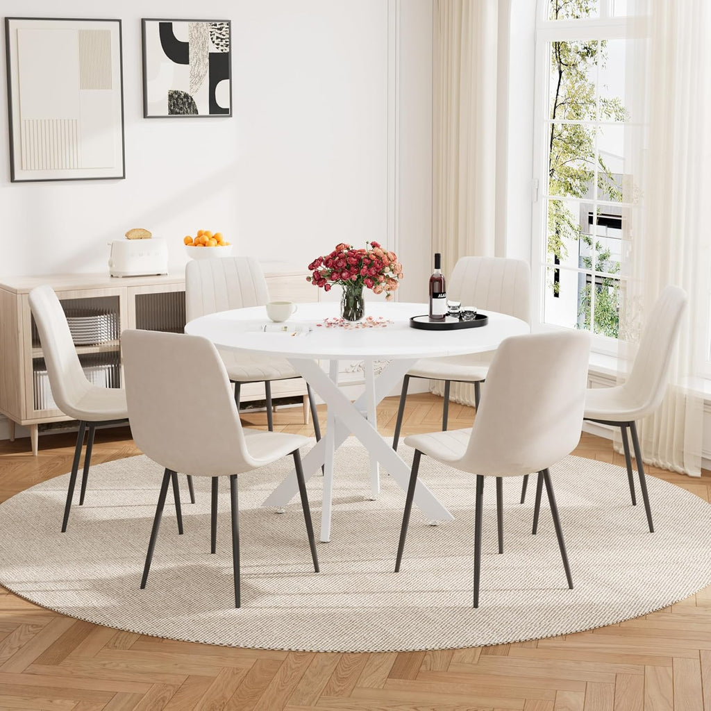 RGZ White Round Dining Table Set for 6, 7 PCS Modern Wooden Circle Kitchen Table with Steel Legs & 6 Beige Velvet Upholstered Chairs, Dinner Table for Dining Room, Living Room, Kitchen