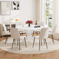 RGZ White Round Dining Table Set for 6, 7 PCS Modern Wooden Circle Kitchen Table with Steel Legs & 6 Beige Velvet Upholstered Chairs, Dinner Table for Dining Room, Living Room, Kitchen