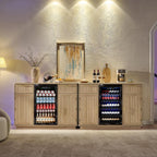 Okvnbjk Mini Fridge Cabinet with Storage & Power Outlet, Oak | Bar Cabinet with Fridge Space, Fluted Wine Bar with Wine Rack & Drawers, Coffee Station for Living Room & Dining Room