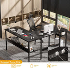 Unikito Reversible L Shaped Desk with Magic Power Outlets and USB Charging Ports, Sturdy Corner Computer Desk with Storage Shelves, Gaming Table Home Office Desk, Easy to Assemble, Black
