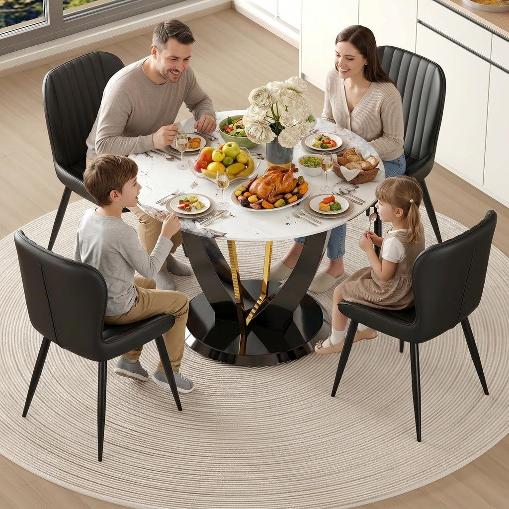 42" Round Dining Table for 4-6, Modern Faux Marble Kitchen Tabletop with Black Wood Pedestal and Gold Metal Frame, Circle Dinner Table for Dining Room