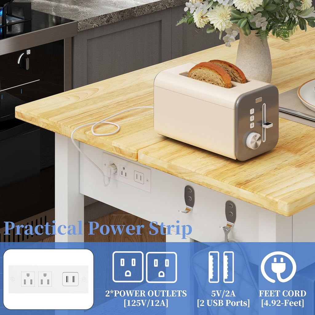 DynJest 47.3" Solid Rubberwood Kitchen Island with Power Outlets - Extra Large Work Surface, 2 Drawers & Open Shelves Storage Cabinet for Kitchen Dining Room, Farmhouse Style (White)