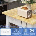 DynJest 47.3" Solid Rubberwood Kitchen Island with Power Outlets - Extra Large Work Surface, 2 Drawers & Open Shelves Storage Cabinet for Kitchen Dining Room, Farmhouse Style (White)