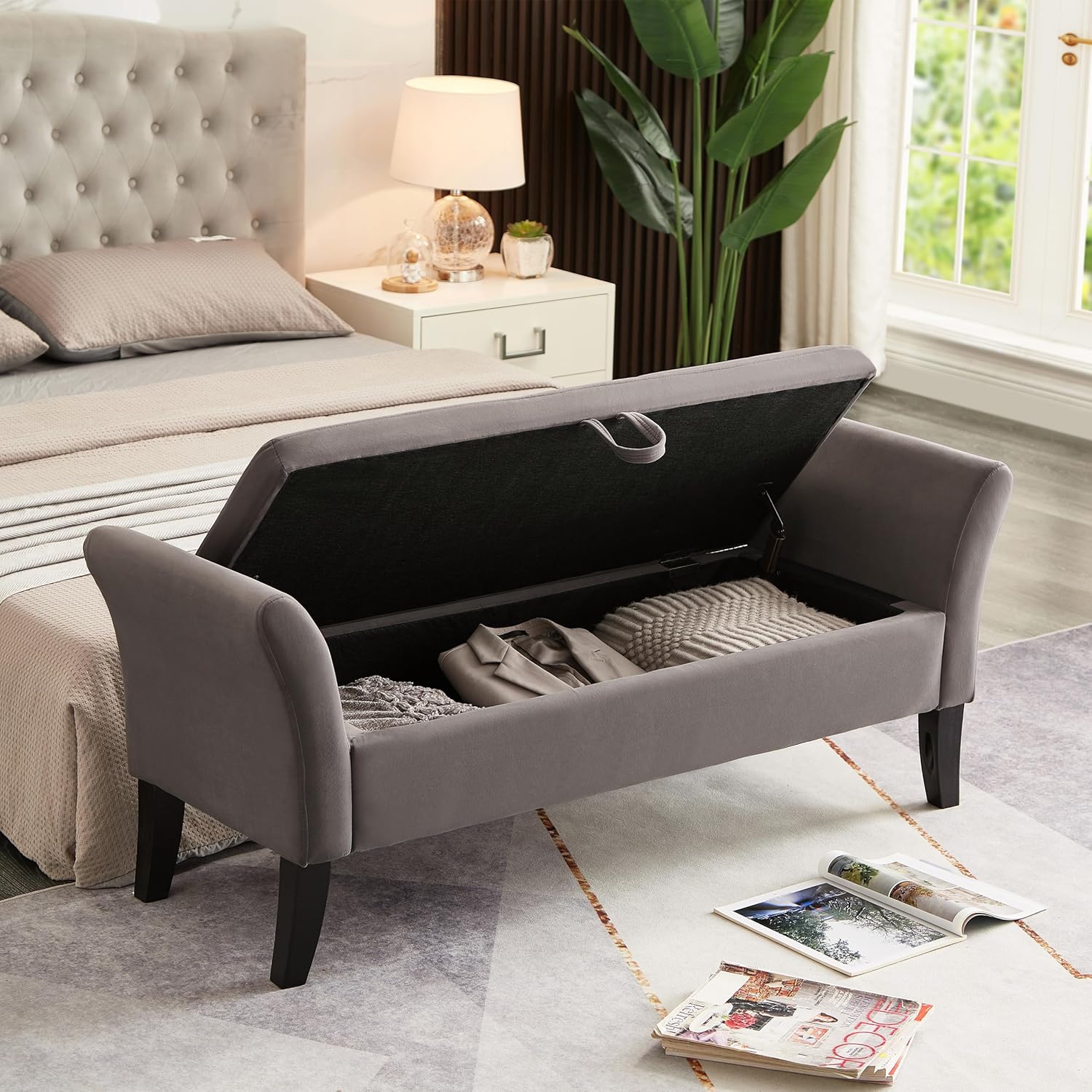 51.5" Velvet Storage Bench, Upholstered Button Tufted Design, Bedside Bench with Armrests, Secure Hinged Storage Space, Suitable for Bedroom Living Room (Grey)