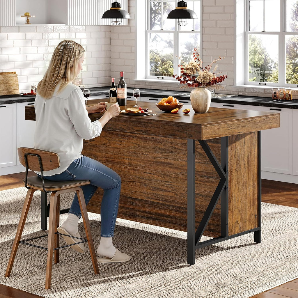 Tribesigns Large Kitchen Island with Storage, 55-Inch Wooden Stationary Island Table with Metal Frame, 3-Tier Industrial Center Bar Table with Thickened Countertop for Kitchen, Dining Room, Brown