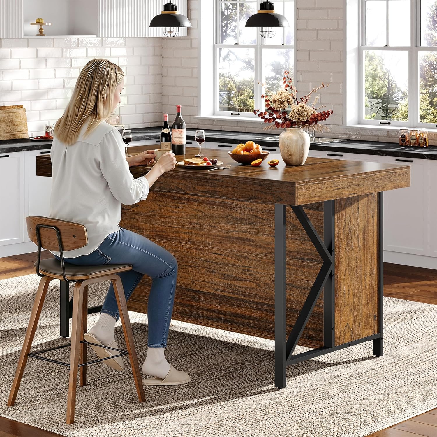 Tribesigns Large Kitchen Island with Storage, 55-Inch Wooden Stationary Island Table with Metal Frame, 3-Tier Industrial Center Bar Table with Thickened Countertop for Kitchen, Dining Room, Brown