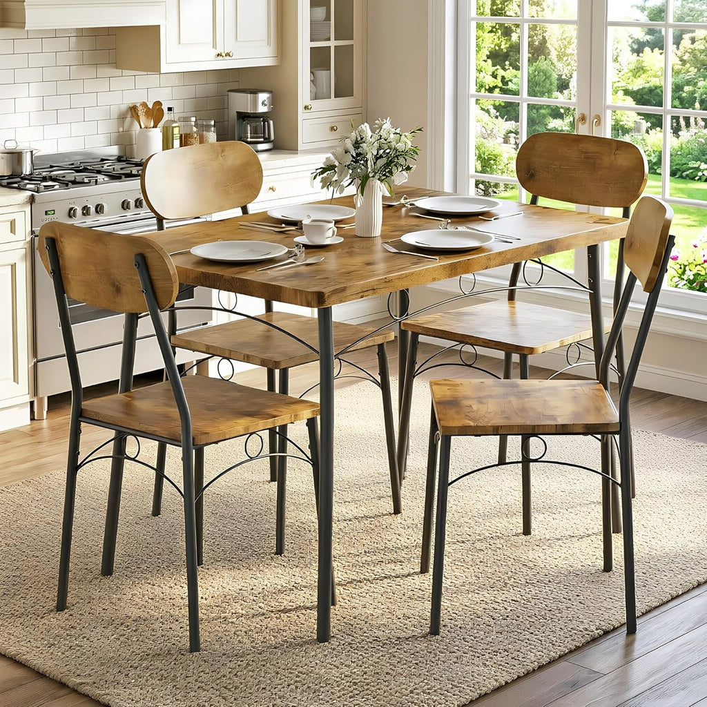 VECELO Dining Table Set for 4, 5-Piece Kitchen Table with 4 Chairs, MDF Board Tabletop with Metal Frame for Small Space, Compact Dinette, Breakfast Nook, Brown