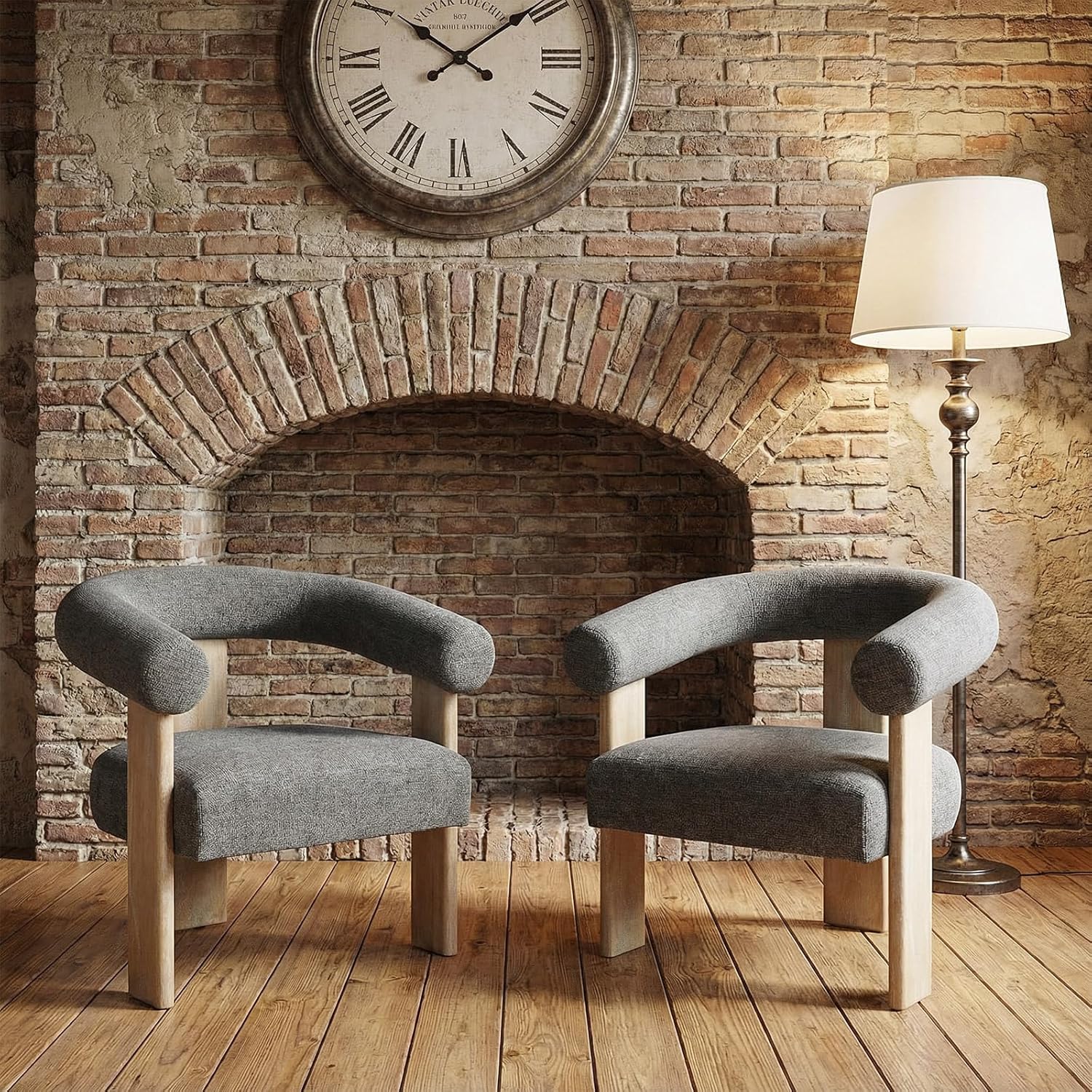 VKNOW Barrel Accent Chairs Set of 2 with Armrests and Rubberwood Legs | Mid Century Modern Upholstered Living Room Chairs with Open Back, Chenille Fabric, for Living Room, Bedroom, Dark Gray