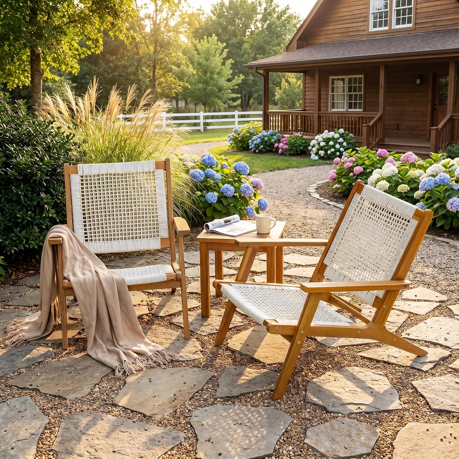 Devoko Patio Chairs, Adirondack Chairs Set of 2, Acacia Wood Outdoor Chairs with Woven Rope Seat for Porch, Poolside, Backyard, Beige
