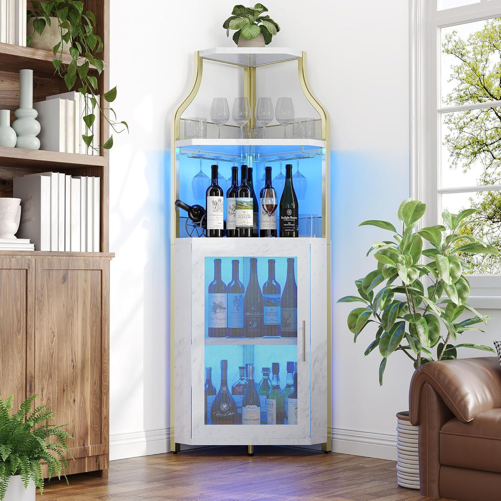 IDEALHOUSE Corner Bar Wine Cabinet with LED Lights & Glass Holder Wine Bar Rack Cabinet with Mesh Door & Glass Holder,Industrial Liquor Cabinet for Home, Kitchen, Dinning Room,Gold