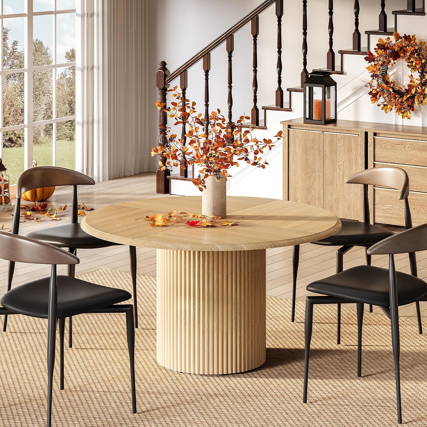 LITTLE TREE 47 Inches Round Dining Table for 4, Farmhouse Natural Wooden Dining Room Table with Heavy Duty Fluted Pedestal, Large Circle Kitchen Dinner Table for Dining Room, Living Room (Table Only)