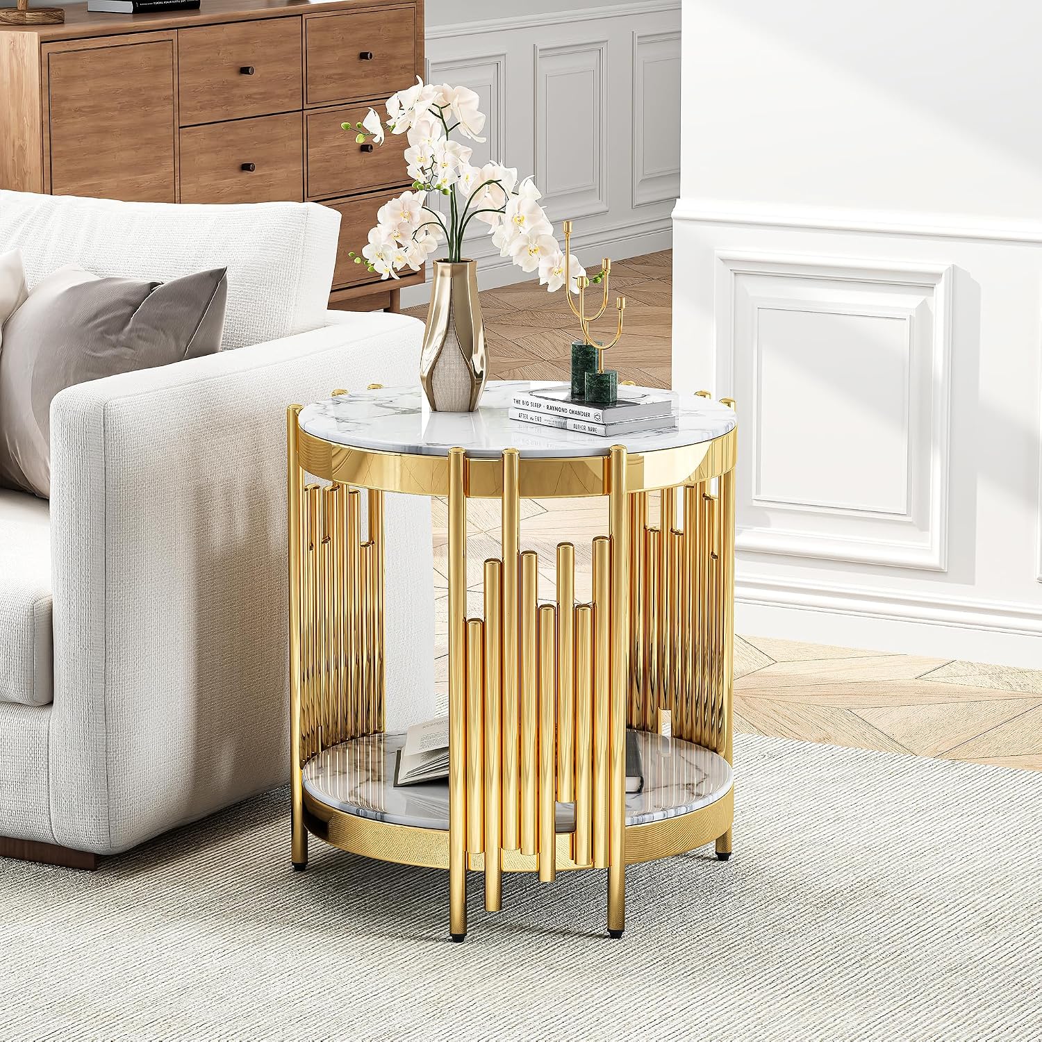 Round 2-Tier End Table, 21" White Faux Marble Top and Gold Stainless Steel Frame, Luxury Modern Side Table for Living or Bedroom