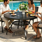 SUNCROWN 42 Inch Round Outdoor Patio Dining Table, All Weather Black Metal Steel Slat Table with 1.5" Umbrella Hole, Weather Resistant Outside Furniture for Lawn Garden Backyard Porch