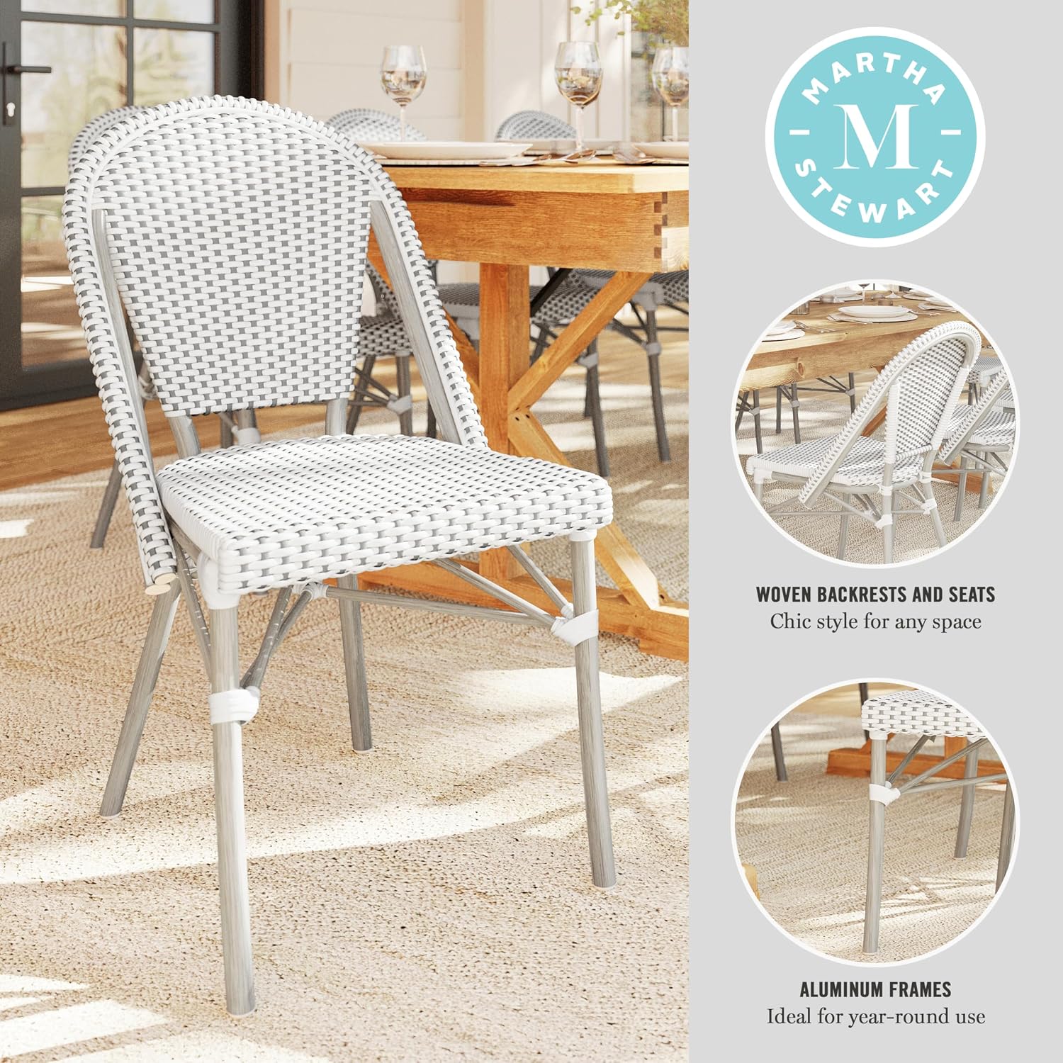 Martha Stewart Lily Pond Indoor-Outdoor Stackable Aluminum Bistro Chair with Gray Woodgrain Frame Finish and White/Gray Woven Rattan Backrest and Seat