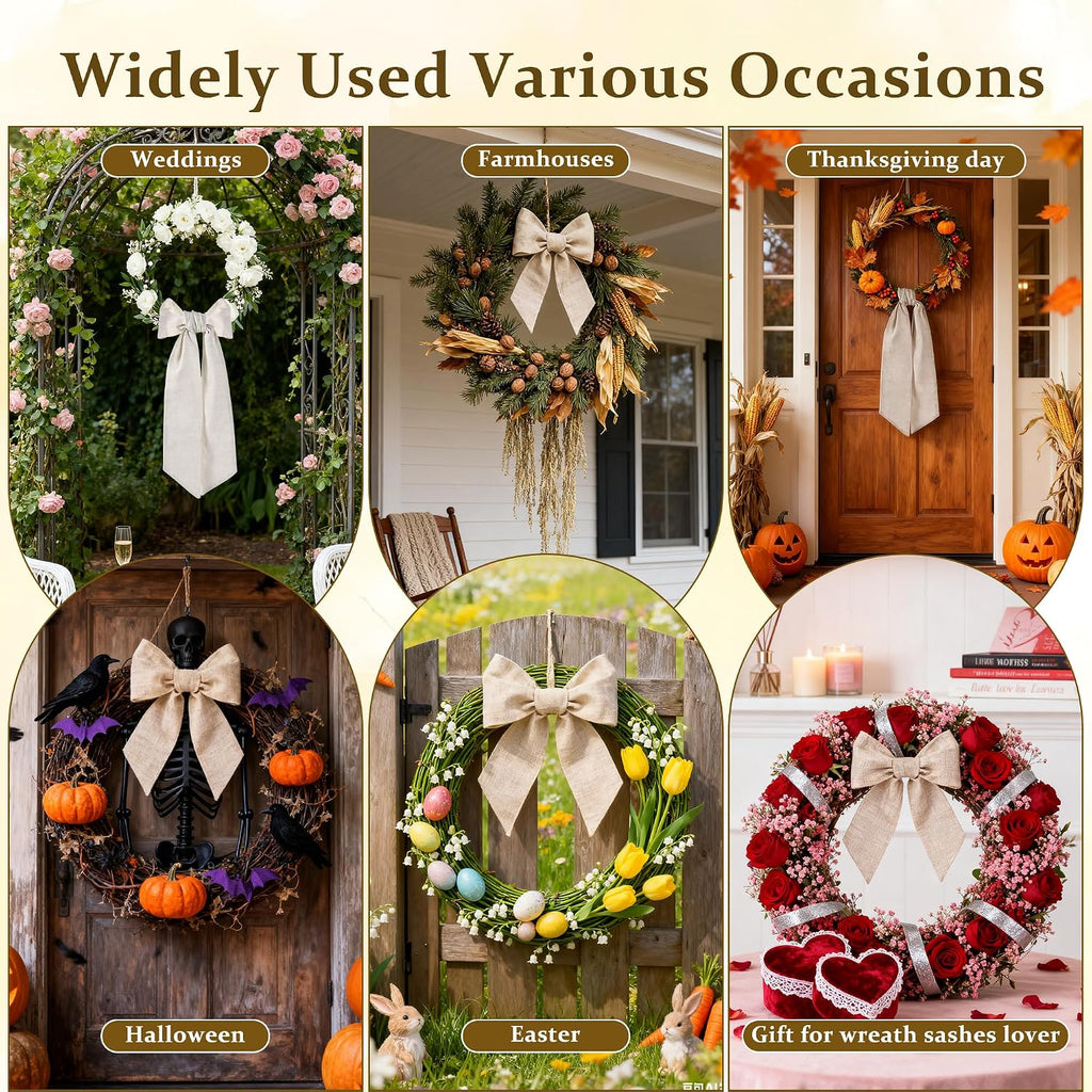 2 Pieces Wreath Sash for Front Door Natural Burlap Sash Wreath Accessories for Wedding Party Holiday Christmas Halloween Yard Outdoor Decoration