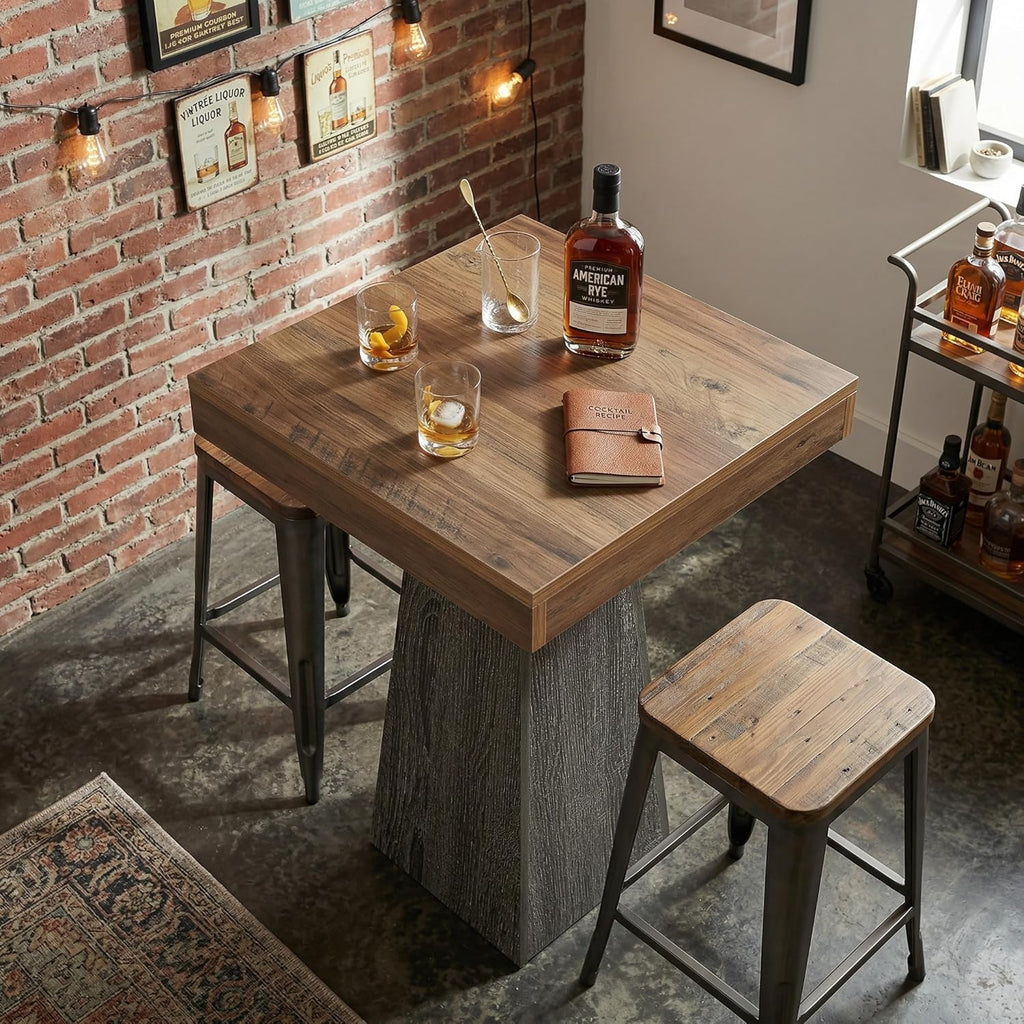 Tribesigns Square Bar Table, 39.37" H Industrial High Top Pub Table with Tapered Base, Wood Compact Bistro Table for Home Bar, Kitchen, Small Space, Brown & Gray