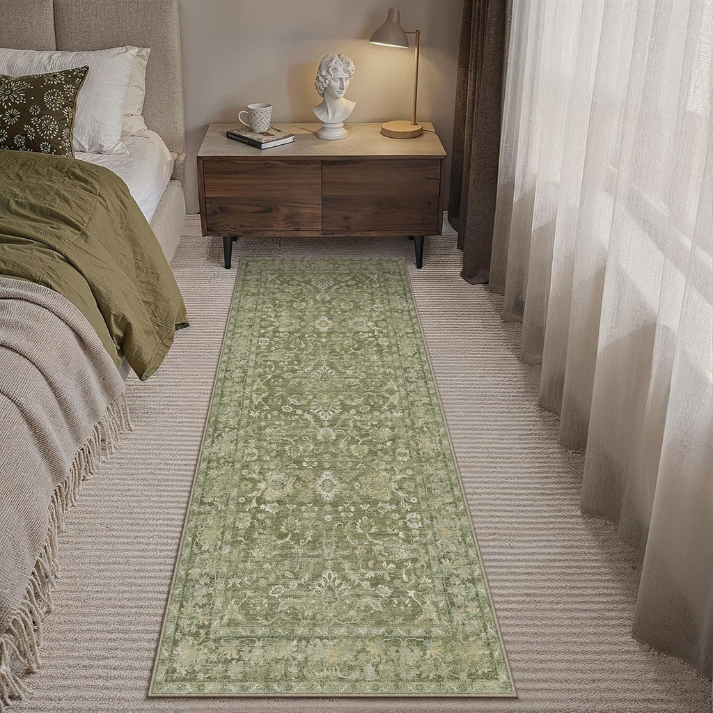 HUGEAR 2x6 Washable Vintage Runner Rug Green Neutral Distressed Low Pile Non Slip Soft Long Area Carpet Indoor Hallway Throw Rug for Entrance Kitchen Bathroom Laundry Living Room