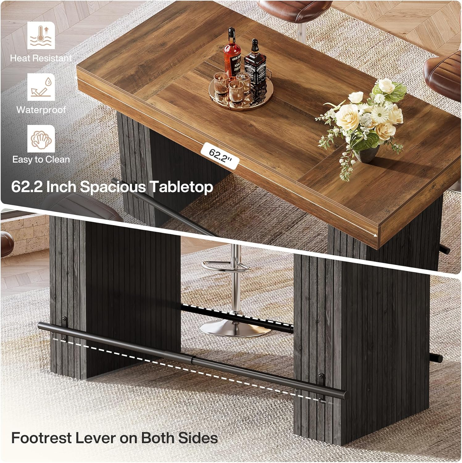 Tribesigns 62.2 Inch Bar Table, Industrial Counter Height Pub Dining Table, Rectangular Home Bar Units with Metal Footrest for Home Kitchen, Dining Room, Bistro, Brown and Dark Grey
