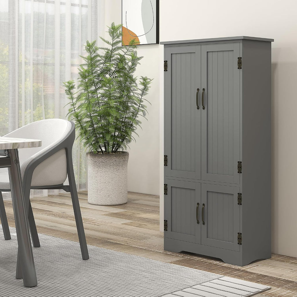 48.5" Kitchen Pantry Cabinet, Compact Farmhouse Storage Cabinet Organizer with 2 Adjustable Shelves and 4 Beadboard Doors for Dining Room, Gray,11.8 * 23.5 * 48.5