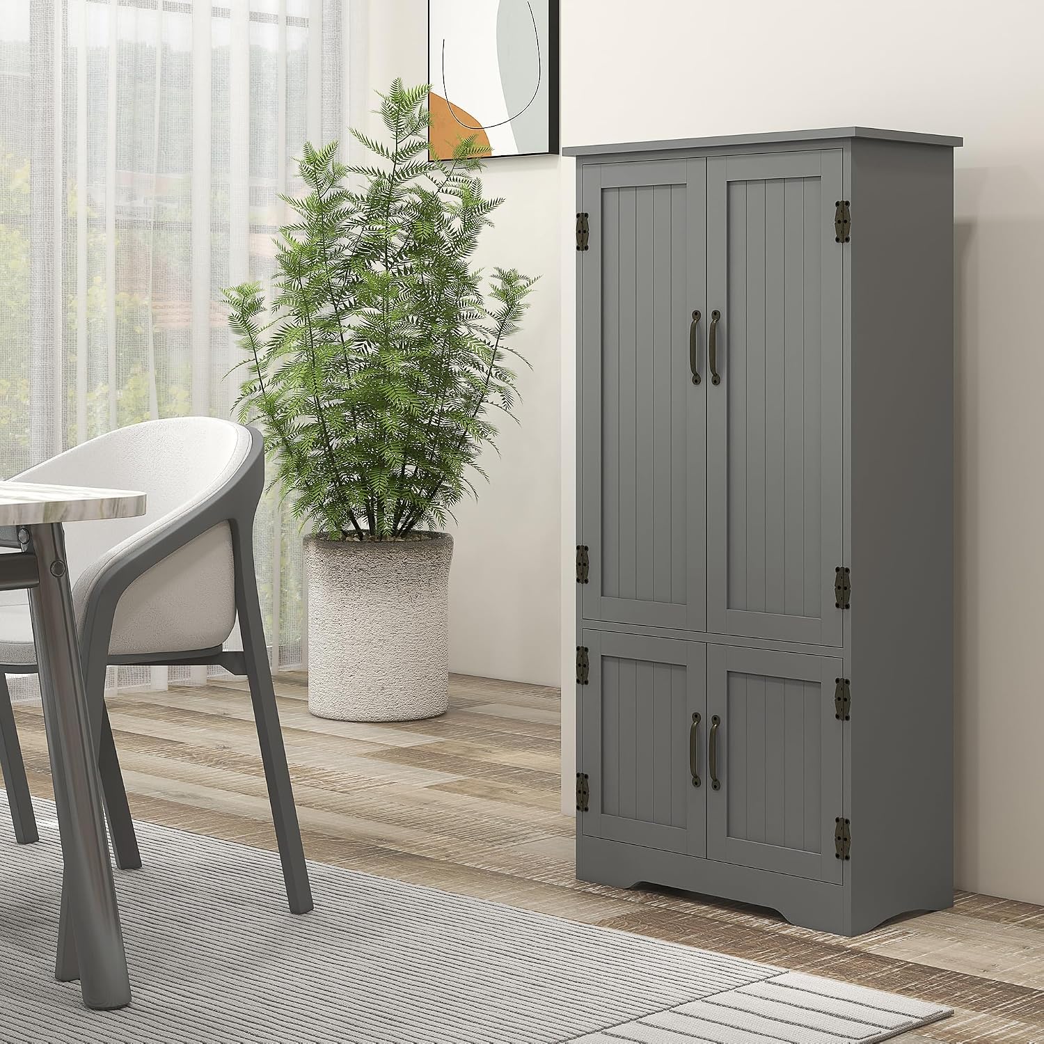 48.5" Kitchen Pantry Cabinet, Compact Farmhouse Storage Cabinet Organizer with 2 Adjustable Shelves and 4 Beadboard Doors for Dining Room, Gray,11.8 * 23.5 * 48.5