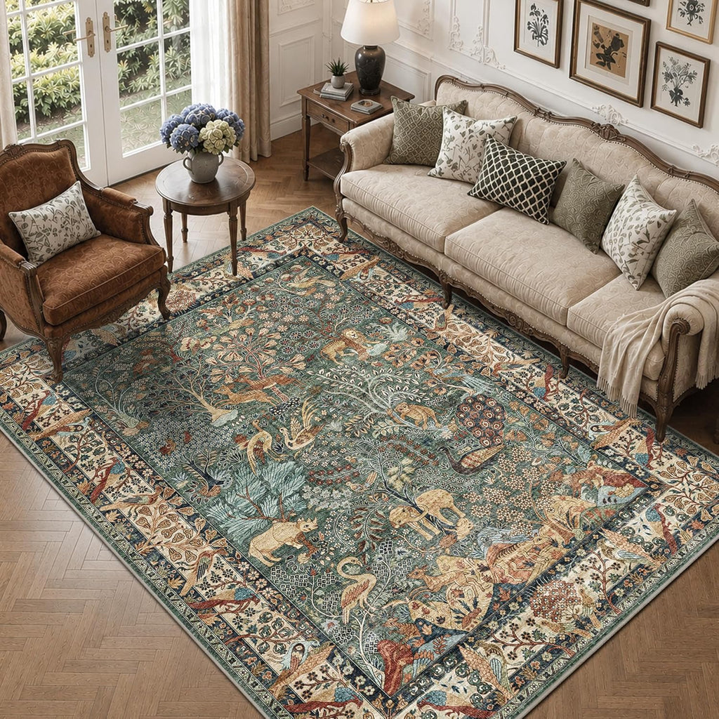 5x7 Washable Area Rug, Vintage Animals Print Boho Rug, Non Slip Low Pile Stain Resistance Floor Carpet for Living Room Bedroom Dining Room Nursery Home Decor