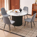 White Round Dining Table Set for 4, Modern Mid Century Wooden Kitchen & Dining Room Table Set, 5 Piece Space Saving (47In Faux Marble Table + 4 Grey Velvet Chairs)