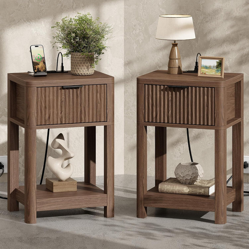 MECHYIN Nightstand Set of 2 with Charging Station, Fluted Bedside Table with Drawer & Open Shelf, Mid-Century Modern Wood Furniture End Table for Apartment, Dorm, Bedroom, (Walnut, with Outlet)