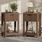 MECHYIN Nightstand Set of 2 with Charging Station, Fluted Bedside Table with Drawer & Open Shelf, Mid-Century Modern Wood Furniture End Table for Apartment, Dorm, Bedroom, (Walnut, with Outlet)